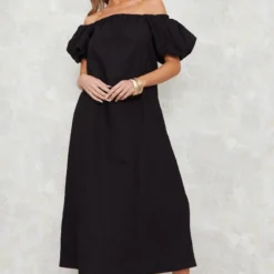 Robe Mi-longue Noire Tissée à Col Bardot Et Manches Bouffantes
