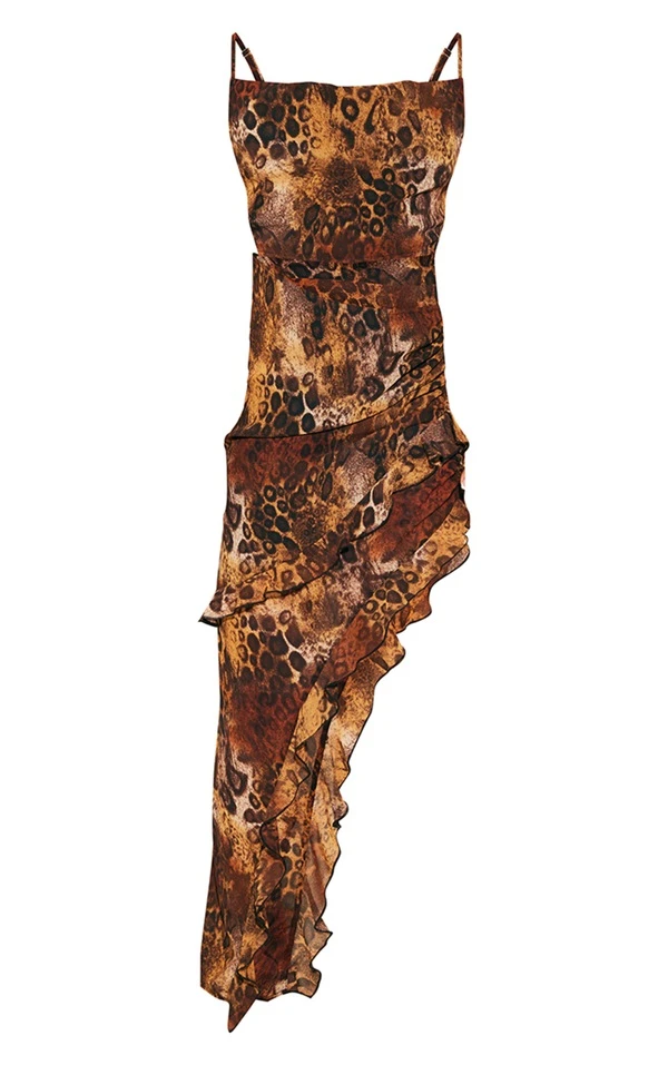 Robe Longue En Mousseline De Soie Marron Imprimé Léopard à Ourlet Volanté Et Bretelles 5 Robe Longue En Mousseline De Soie Marron Imprimé Léopard à Ourlet Volanté Et Bretelles – Image 5