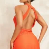 Robe Droite Plissée Orange à Dos Nu Et Col Montant