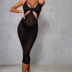 Robe Mi-longue Noire En Maille Pointelle à Parties Contrastantes