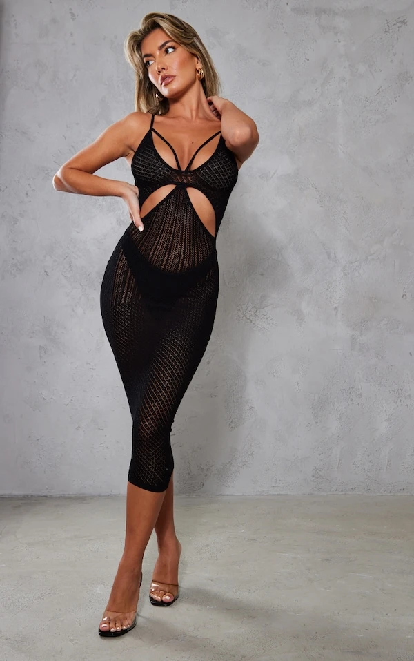 Robe Mi-longue Noire En Maille Pointelle à Parties Contrastantes 1 Robe Mi-longue Noire En Maille Pointelle à Parties Contrastantes