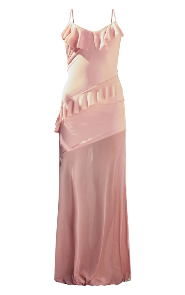 Robe Longue Rose En Mesh Drapé Volanté à Bretelles 5 Robe Longue Rose En Mesh Drapé Volanté à Bretelles – Image 5