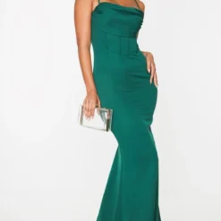 Robe Longue Vert émeraude à Détail Corset Drapé Et Bretelles