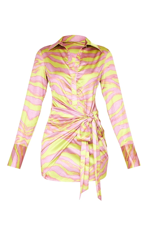 Robe Chemise Satinée Imprimé Zébré Multicolore à Détail Noué 5 Robe Chemise Satinée Imprimé Zébré Multicolore à Détail Noué – Image 5