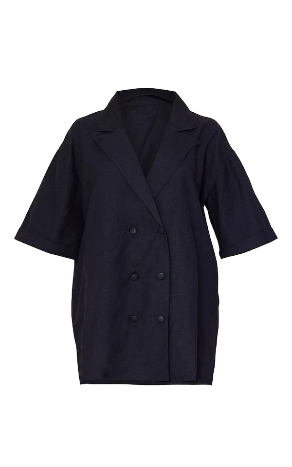 Robe Blazer Noire Effet Lin Oversize à Manches Courtes Et Double Boutonnière 5 Robe Blazer Noire Effet Lin Oversize à Manches Courtes Et Double Boutonnière – Image 5