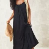 Robe Longue Plissée Noire Superposée à Bretelles
