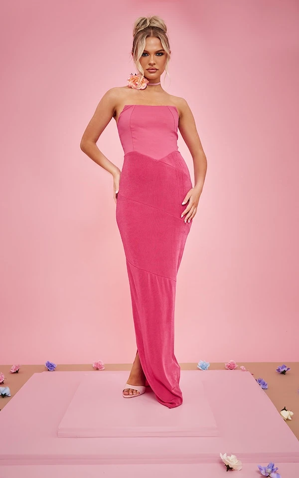 Robe Bustier Moulante Longue En Acétate Rose Vif à Parties Contrastantes 1 Robe Bustier Moulante Longue En Acétate Rose Vif à Parties Contrastantes