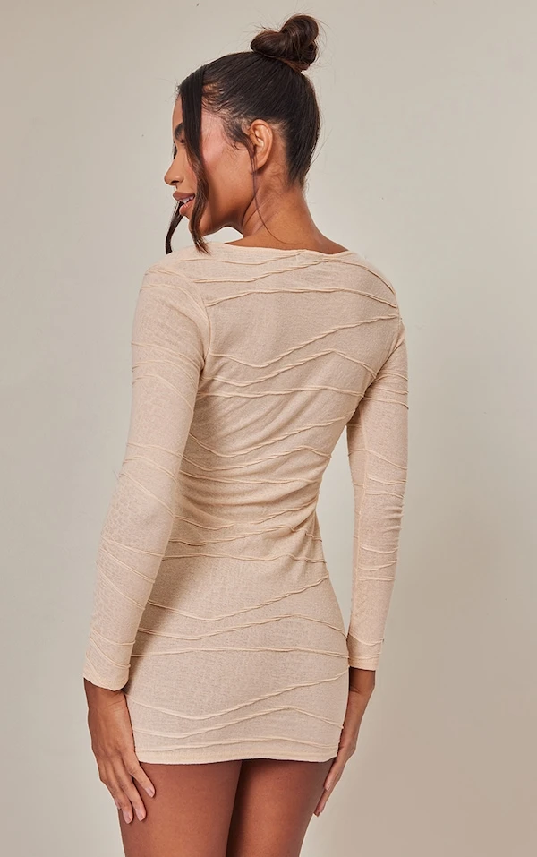 Robe Moulante Sable Texturée à Col Rond Et Manches Longues 2 Robe Moulante Sable Texturée à Col Rond Et Manches Longues – Image 2