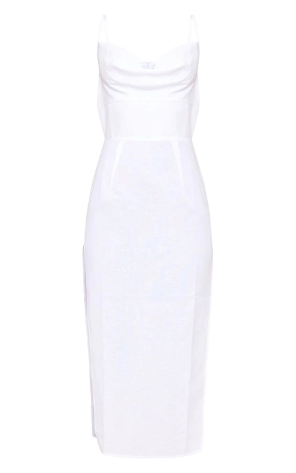 Robe Mi-longue Blanc Cassé Effet Lin à Col Bénitier Et Liserés 4 Robe Mi-longue Blanc Cassé Effet Lin à Col Bénitier Et Liserés – Image 4